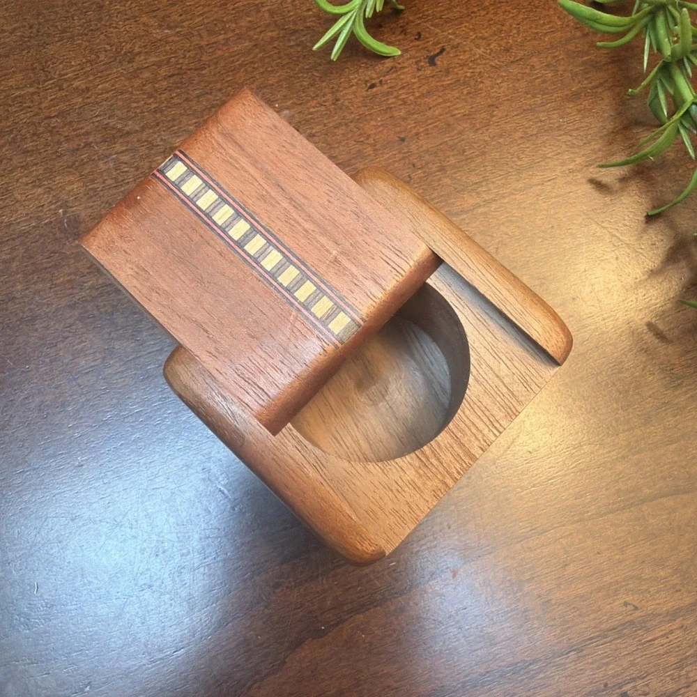 Vintage Wooden Trinket Box Sliding Lid Inlay Design Small Jewelry Stash Holder